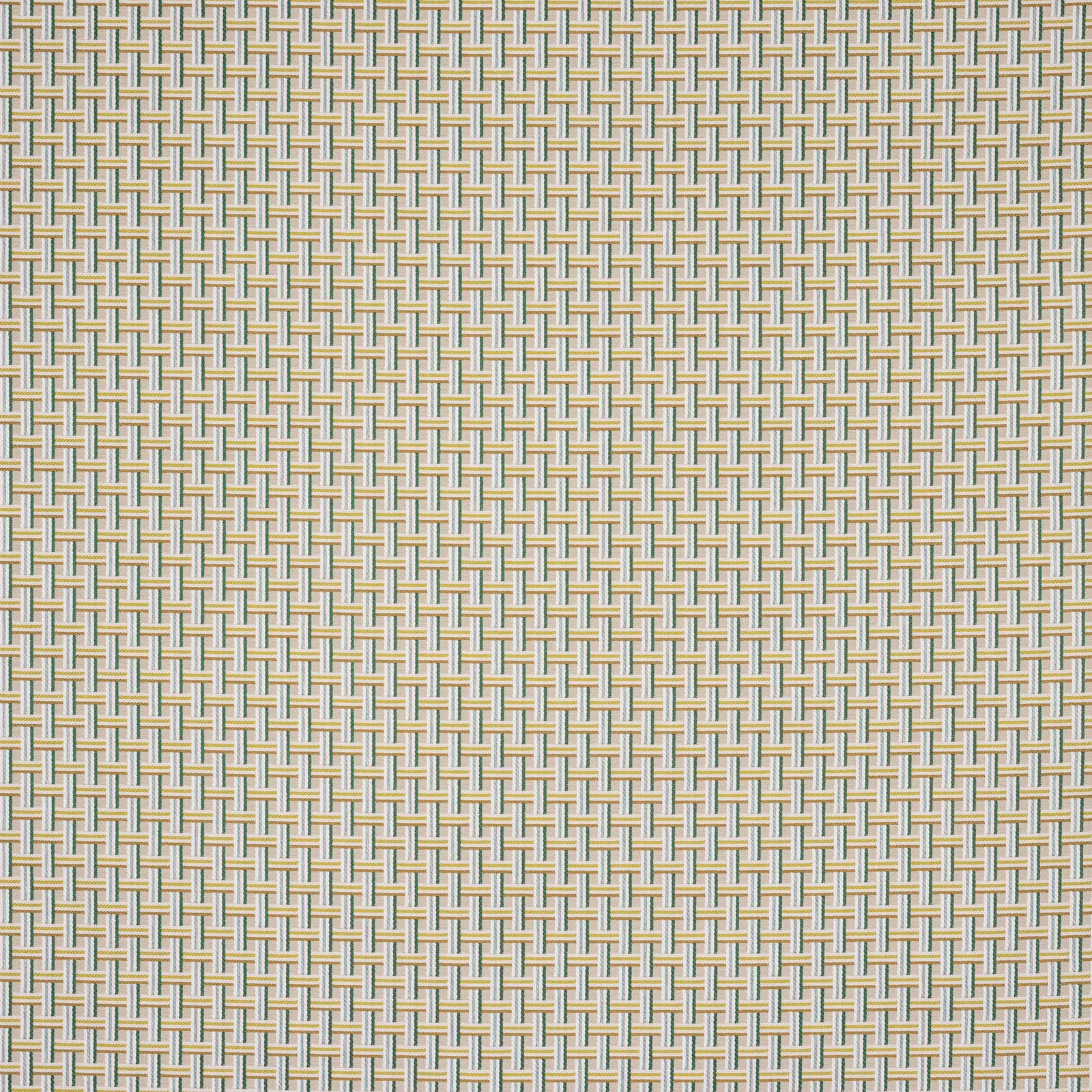 Close-up of a small woven check in paon teal, sand and ivory