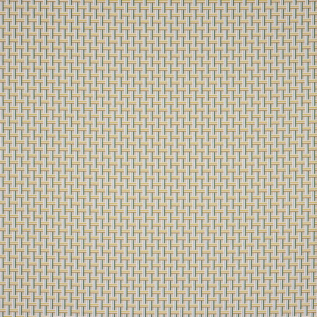 Close-up of a small woven check in paon teal, sand and ivory