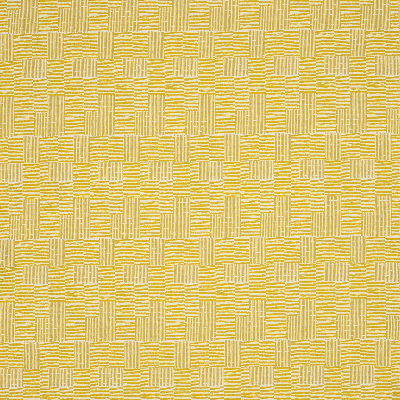 Bright anis yellow geometric woven fabric with striped and wavy check blocks