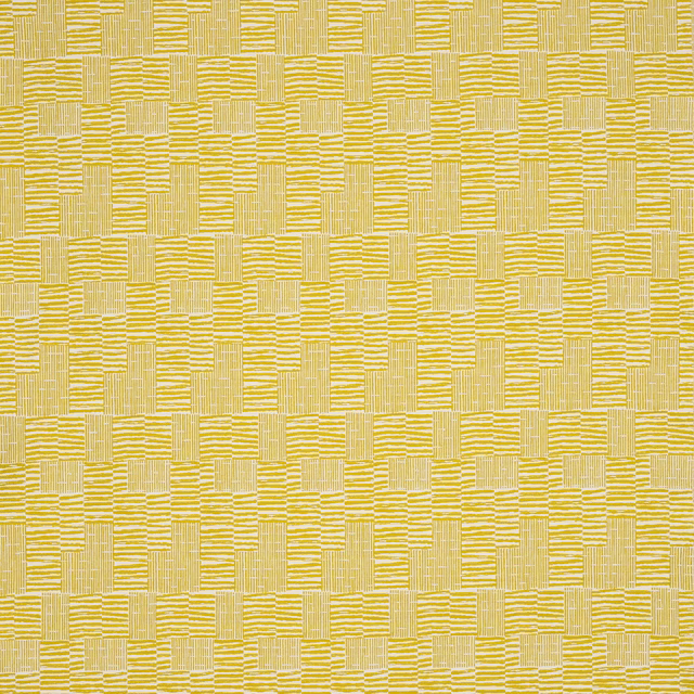 Bright anis yellow geometric woven fabric with striped and wavy check blocks