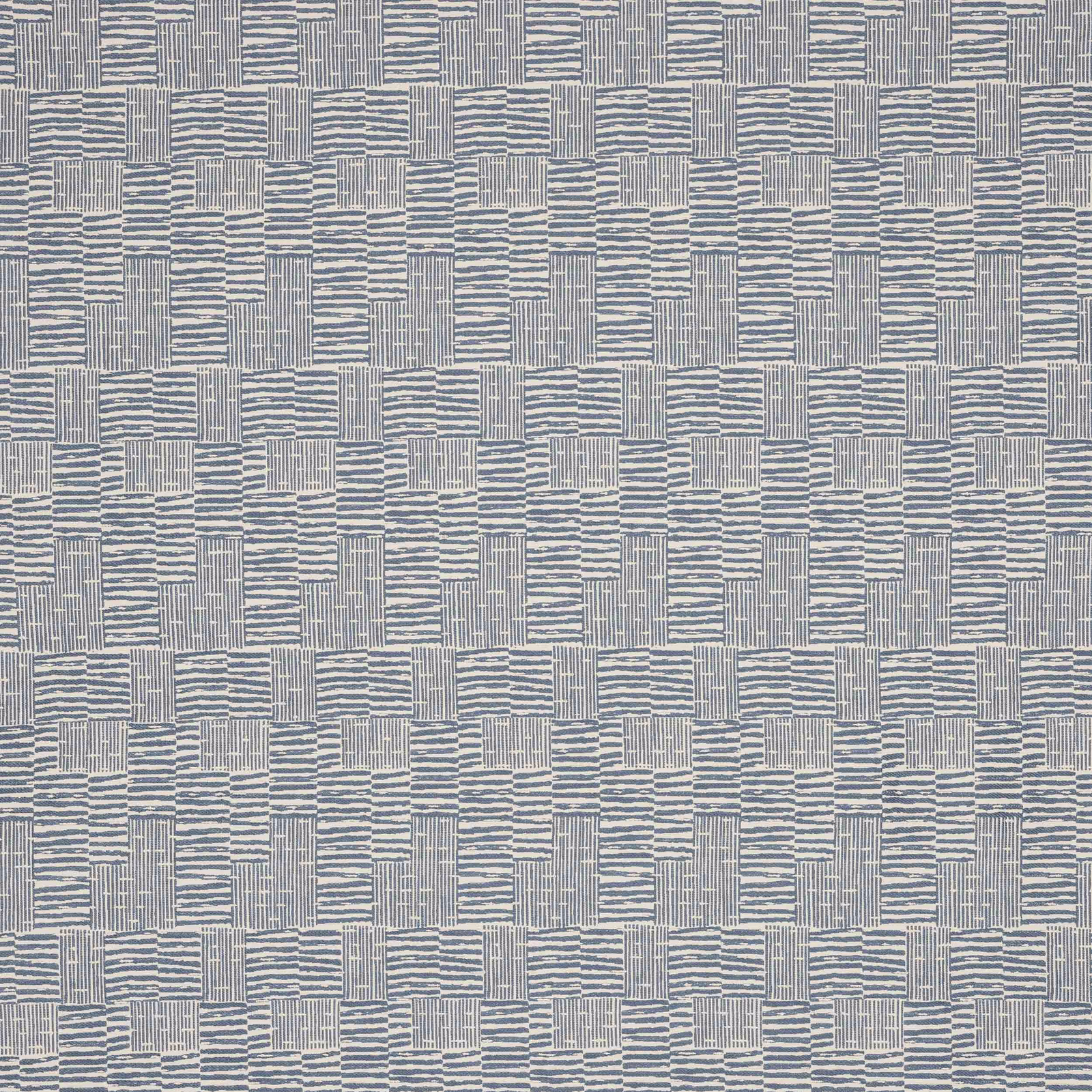Blue-grey woven check fabric with alternating striped blocks and fine texture