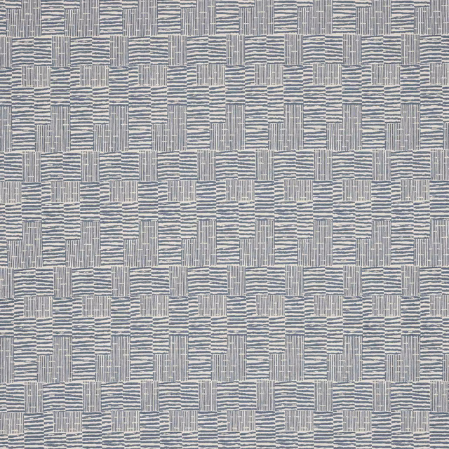 Blue-grey woven check fabric with alternating striped blocks and fine texture