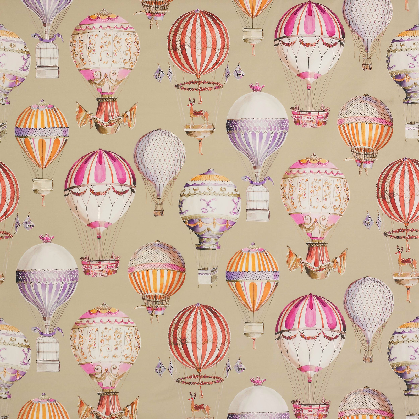 Printed cotton fabric with colourful hot-air balloons on a beige ground