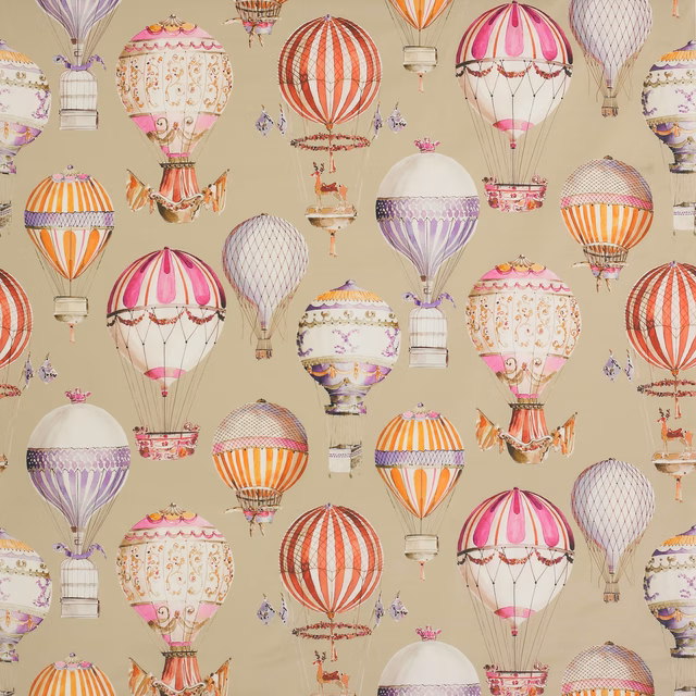 Printed cotton fabric with colourful hot-air balloons on a beige ground