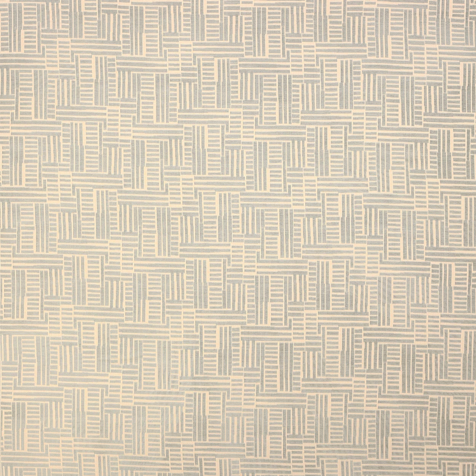 Soft celadon geometric fabric with interlocking cream linear blocks