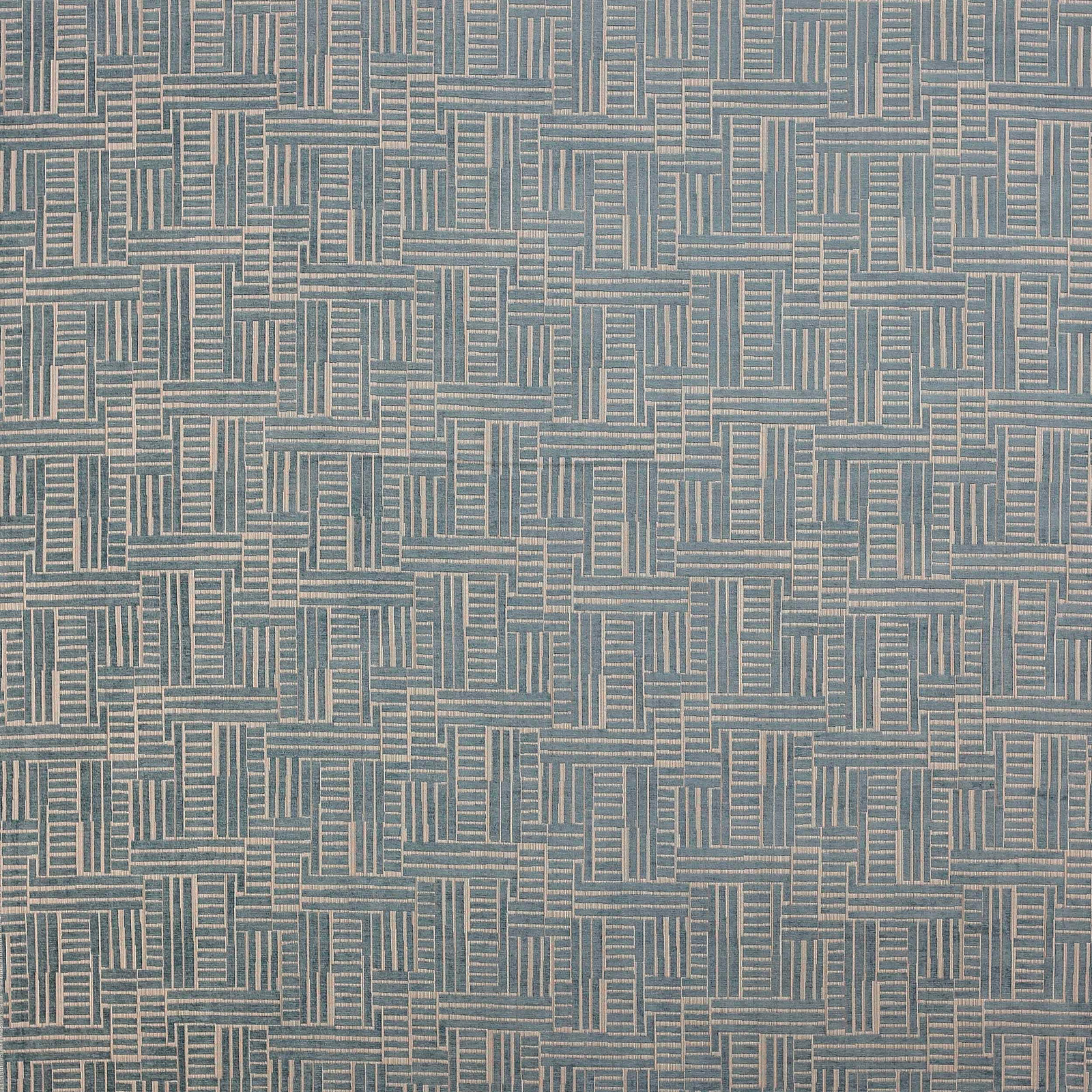 Blue-grey geometric woven fabric with pale intersecting linear pattern