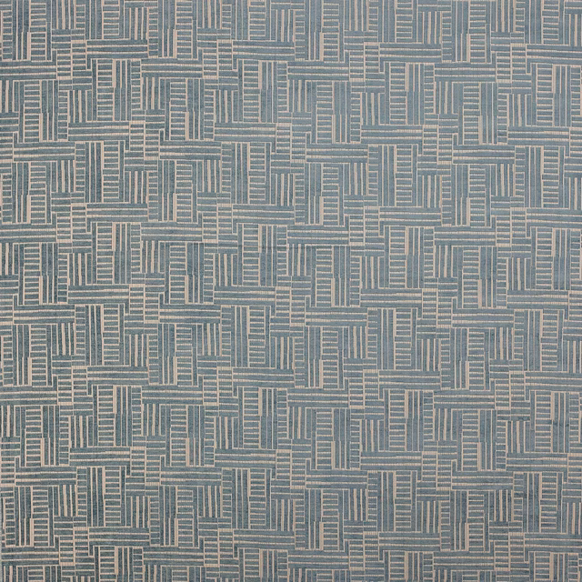 Blue-grey geometric woven fabric with pale intersecting linear pattern