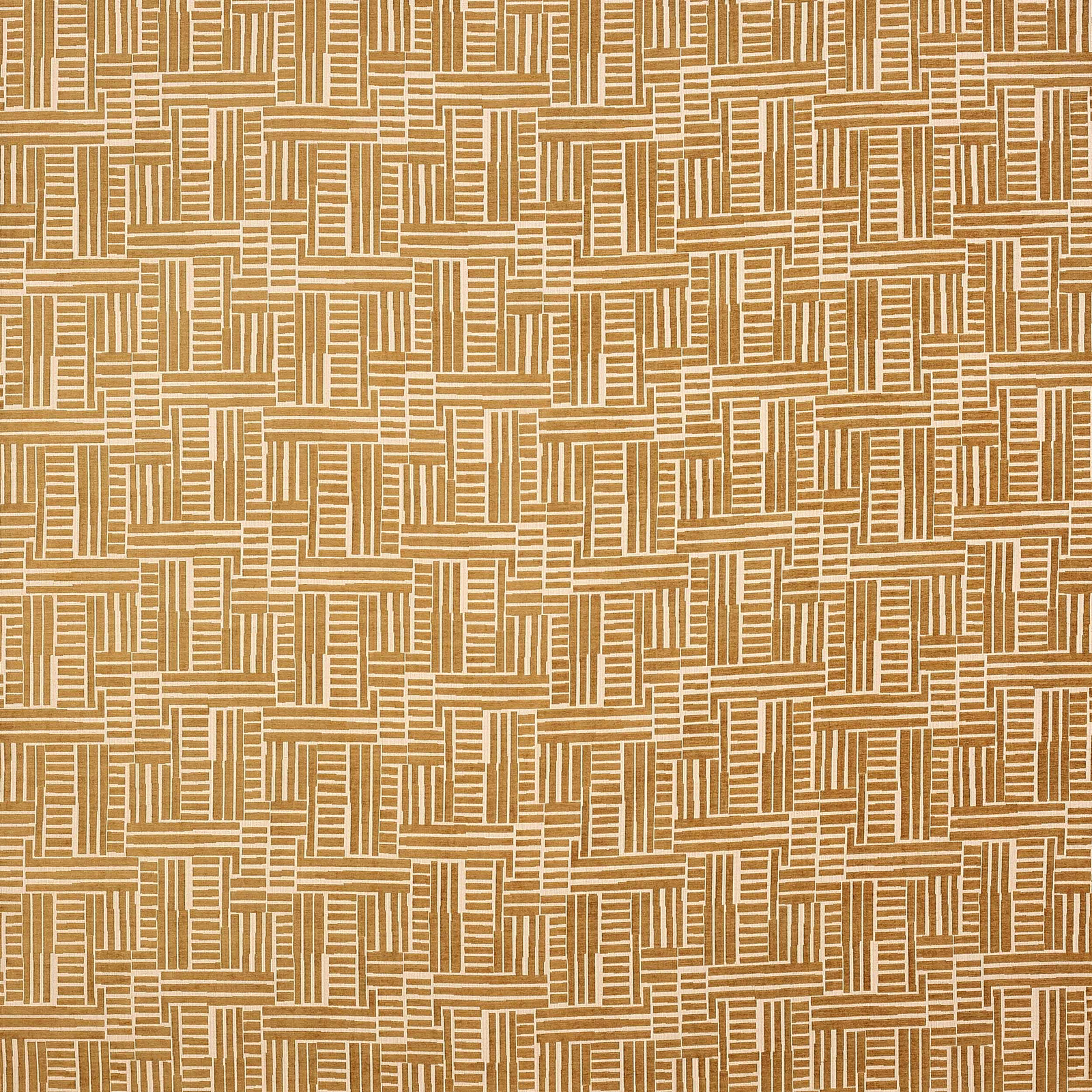 Warm tobacco geometric fabric with cream linear basket-weave pattern