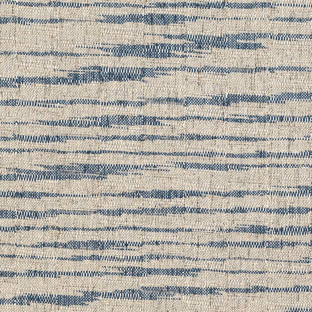 Close-up of indigo-blue horizontal woven stripes on a natural oatmeal textile ground
