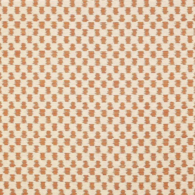Cream woven fabric with small warm spice orange geometric marks in a neat repeat