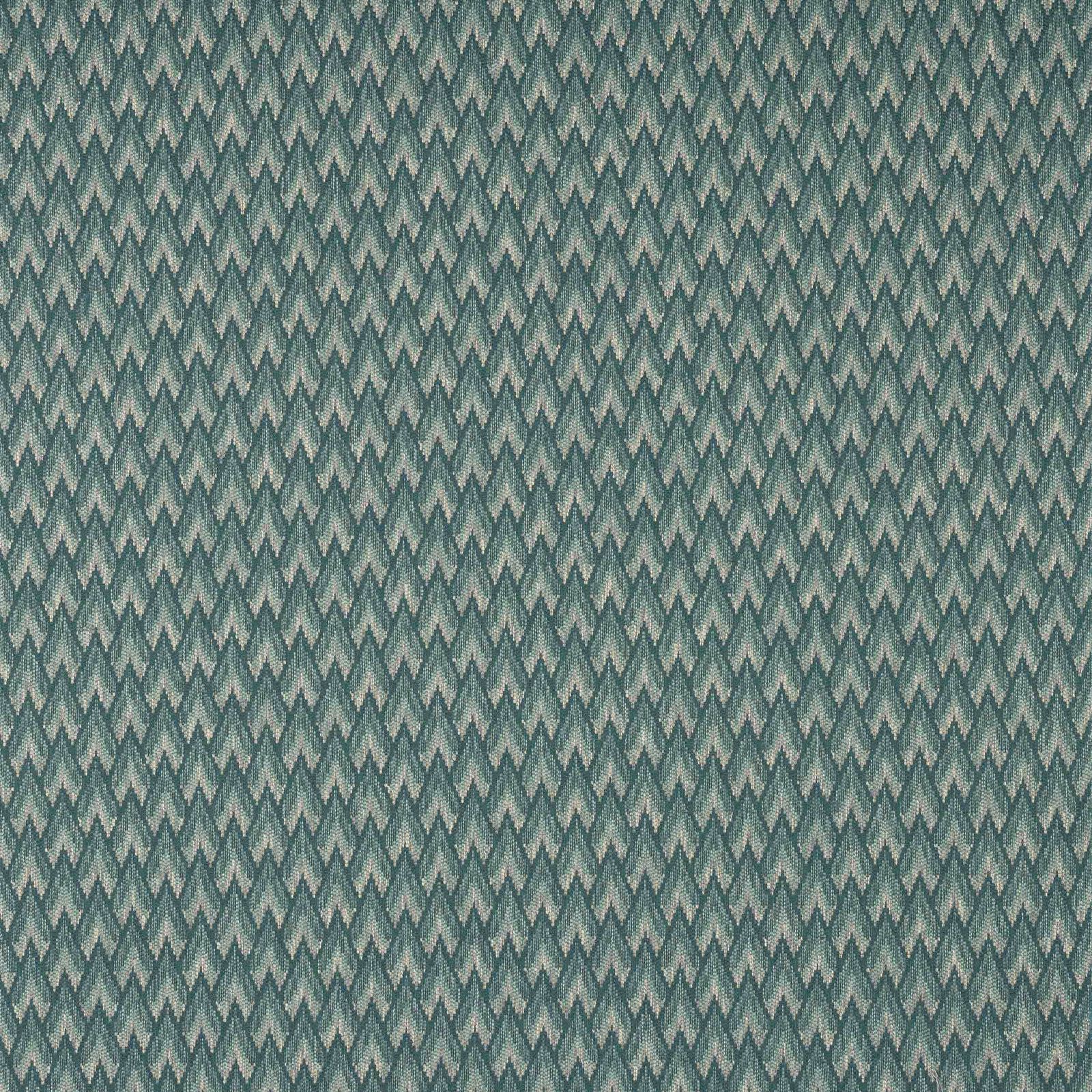 Blue-green geometric woven fabric with small chevron repeat and textured finish
