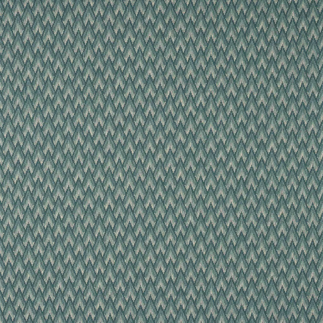 Blue-green geometric woven fabric with small chevron repeat and textured finish