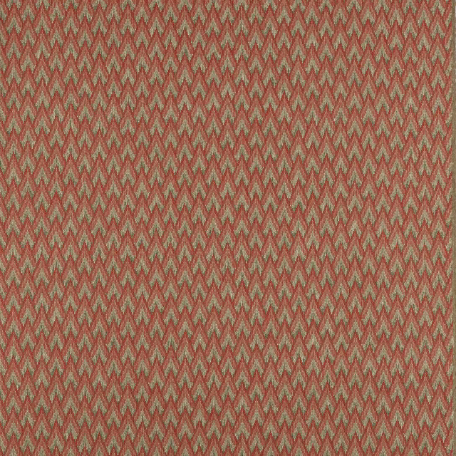 Close-up of a small zigzag check fabric in warm tomato red and muted green