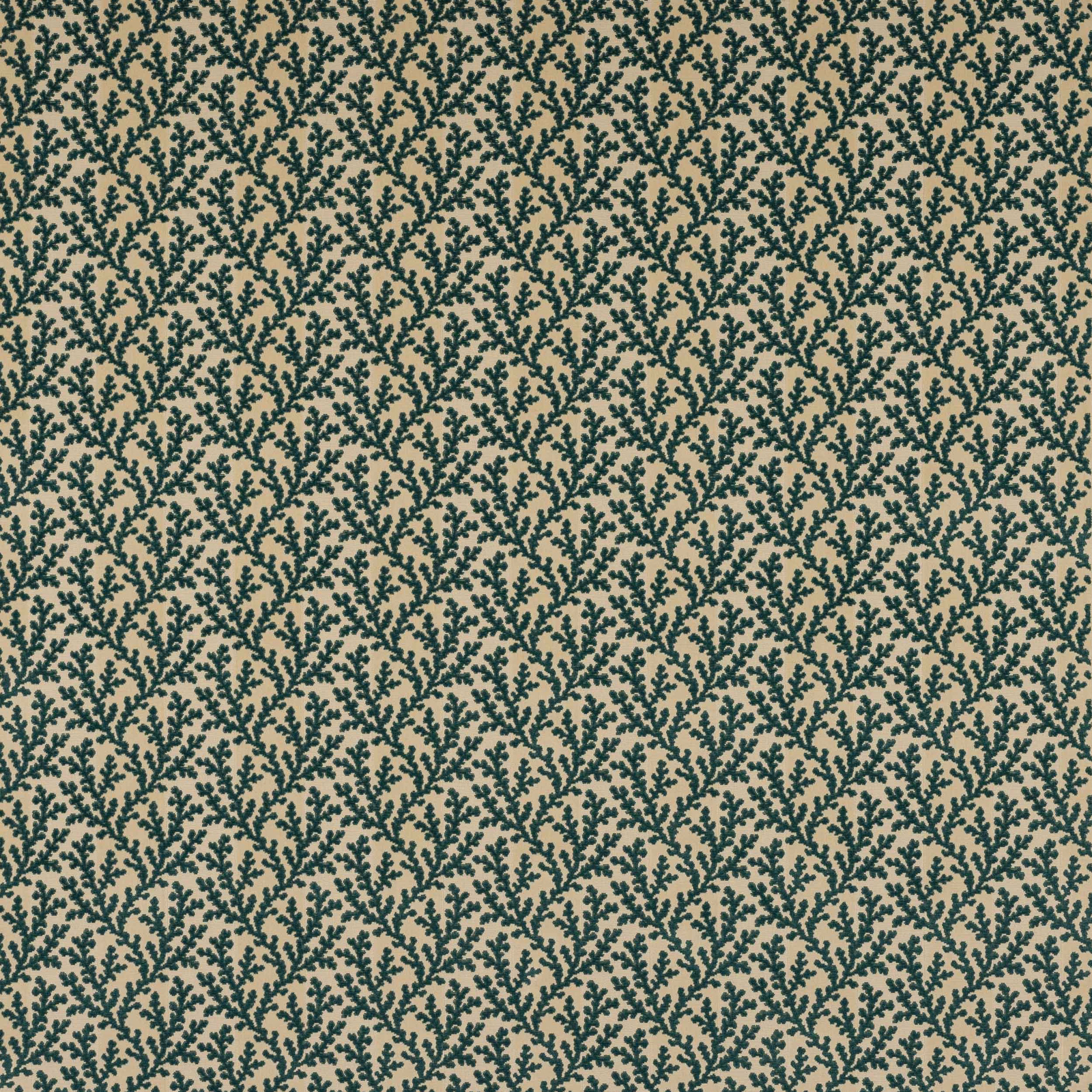 Small-scale teal blue leaf motif on a cream cotton-linen fabric ground