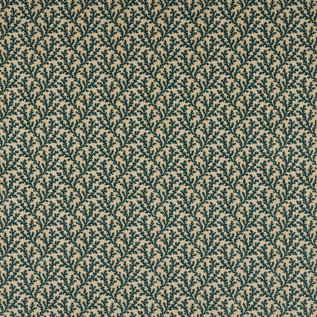 Small-scale teal blue leaf motif on a cream cotton-linen fabric ground