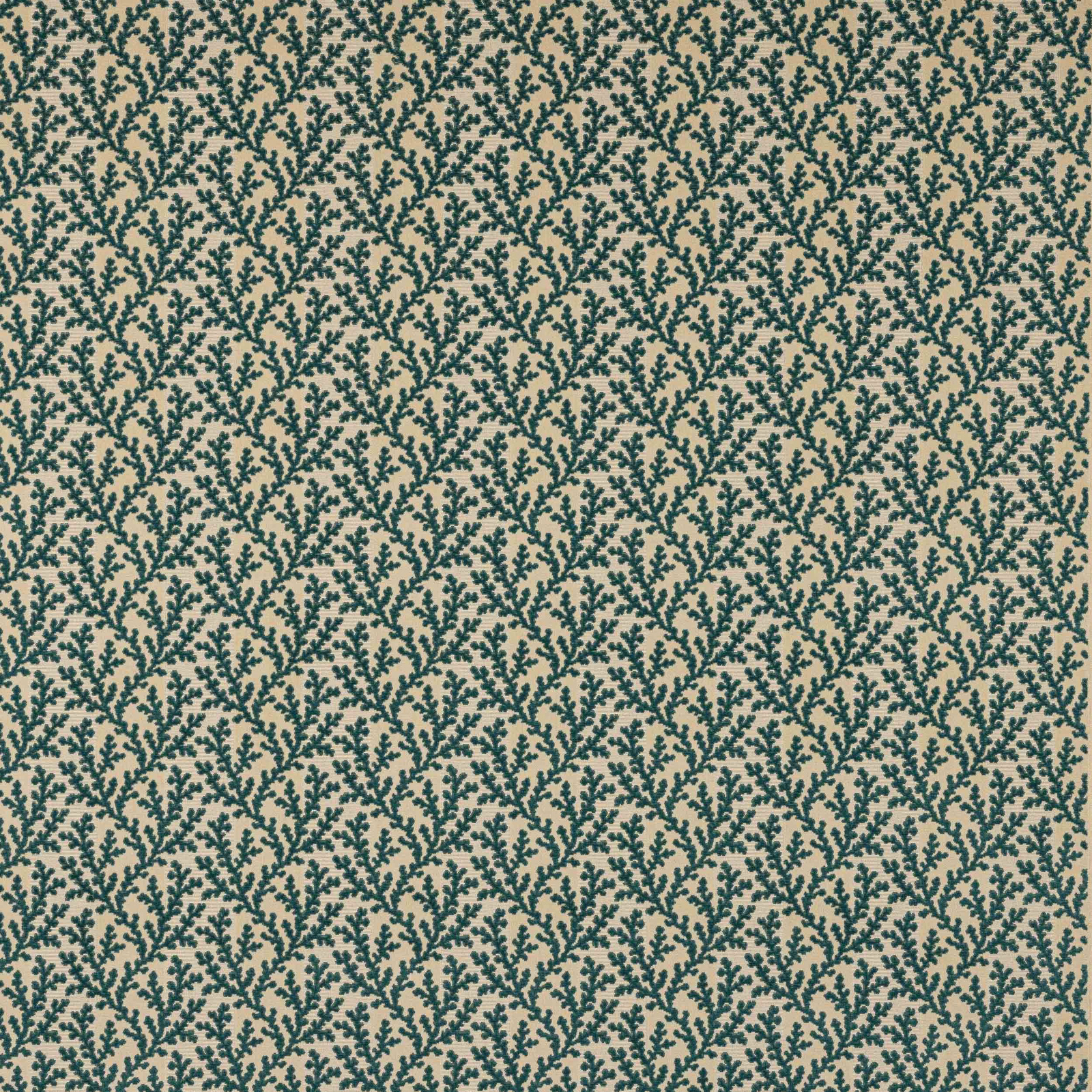 Close-up of small dark green botanical repeat on a warm beige ground