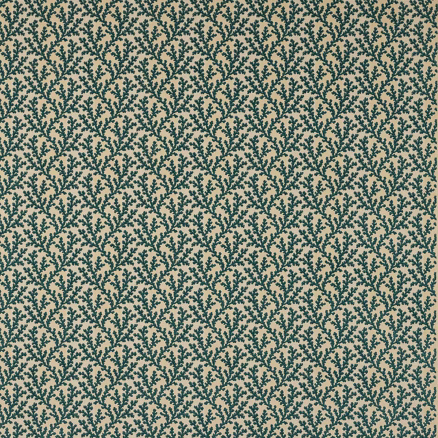 Close-up of small dark green botanical repeat on a warm beige ground