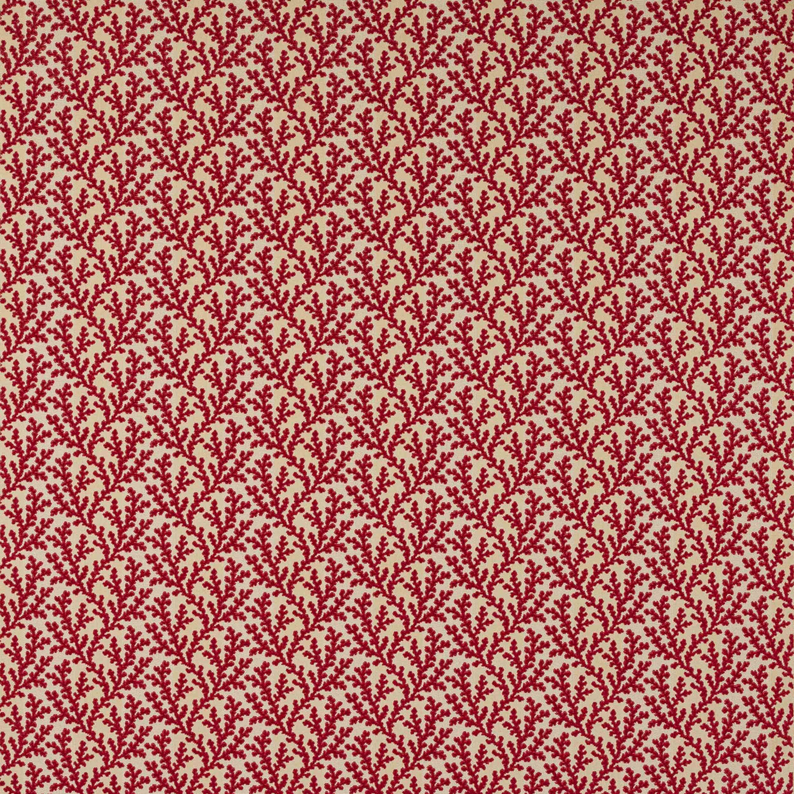 Small red botanical sprig motif on a pale ground, all-over repeating fabric swatch