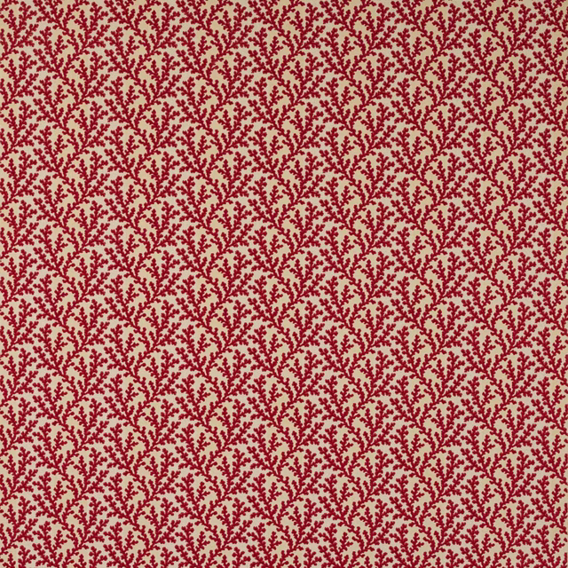 Small red botanical sprig motif on a pale ground, all-over repeating fabric swatch