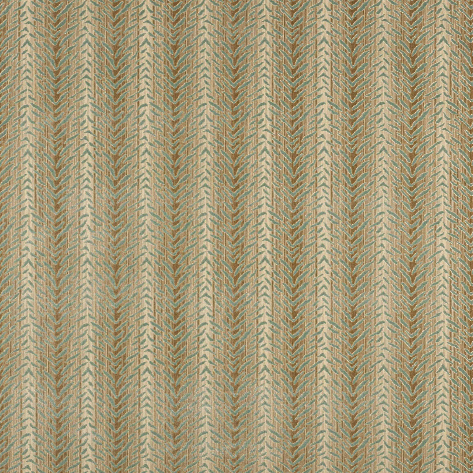 Swatch of vertical chevron stripe fabric in muted old blue, sage and beige