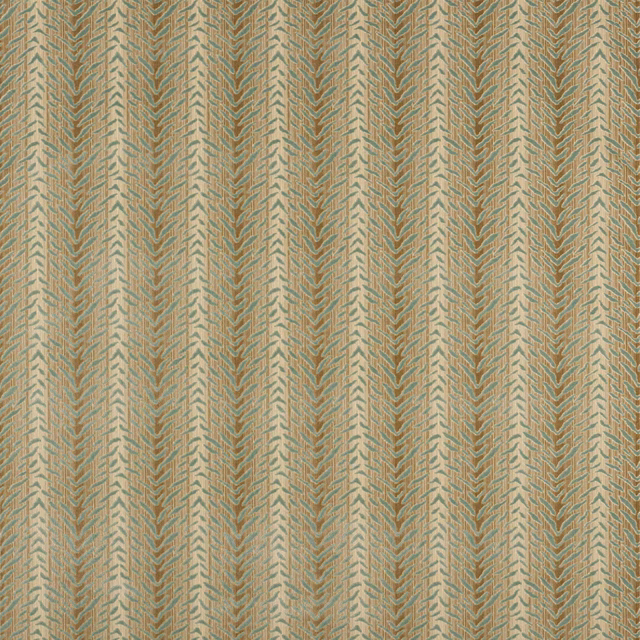 Swatch of vertical chevron stripe fabric in muted old blue, sage and beige