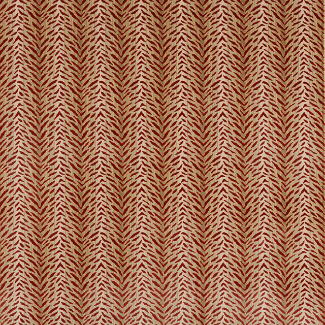 Close-up of Tigre Red patterned fabric with small red chevrons on a pale ground