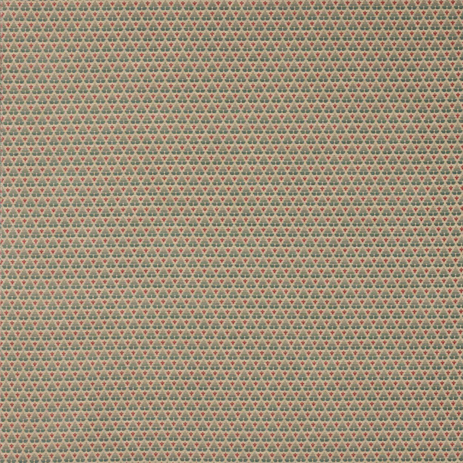 Small repeating red motif on a muted forest-green patterned fabric swatch