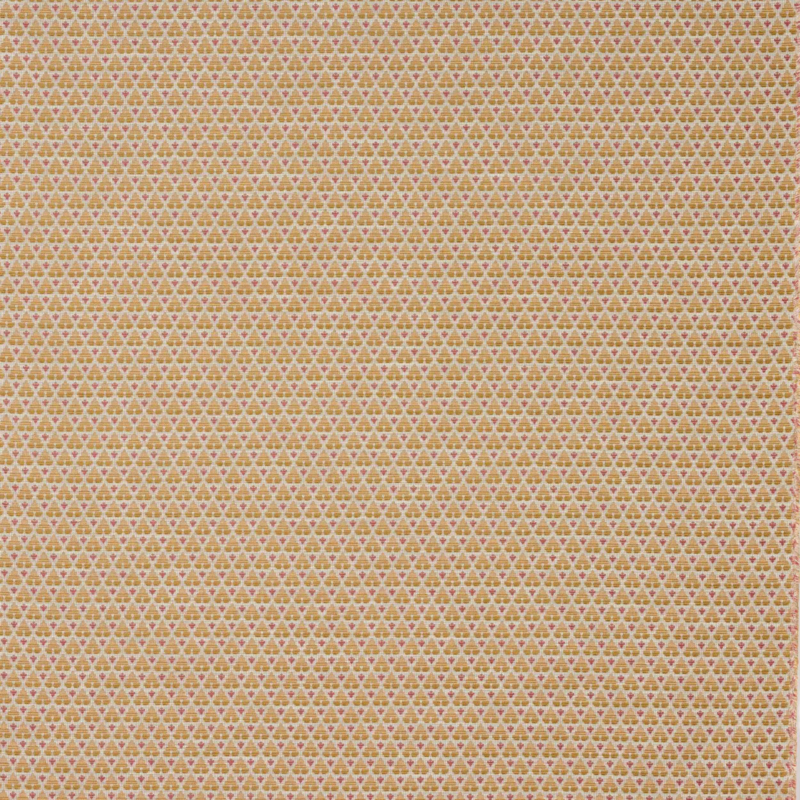 Small repeating geometric woven fabric in warm gold, biscuit and rose-brown tones