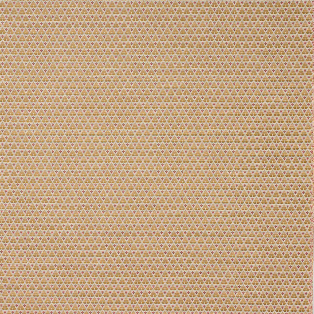 Small repeating geometric woven fabric in warm gold, biscuit and rose-brown tones