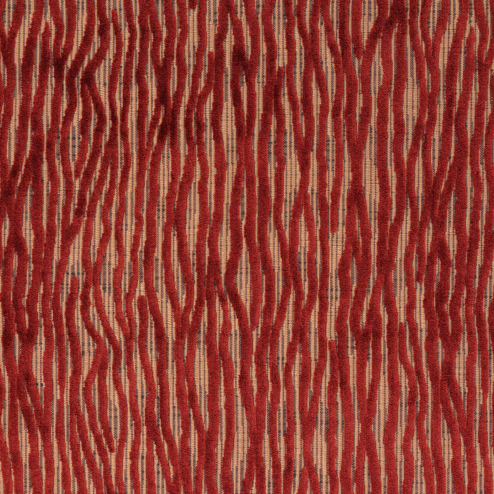 Abstract red and copper vertical striated fabric on a pale woven ground