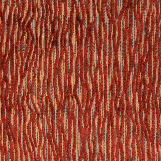 Abstract red and copper vertical striated fabric on a pale woven ground