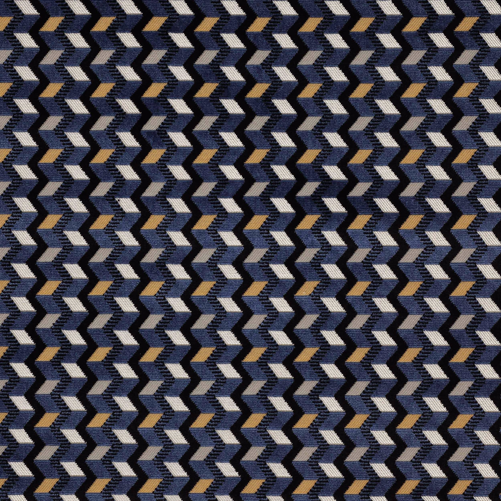 Close-up of a small zigzag check fabric in navy blue, silver and beige