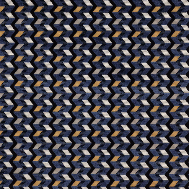 Close-up of a small zigzag check fabric in navy blue, silver and beige