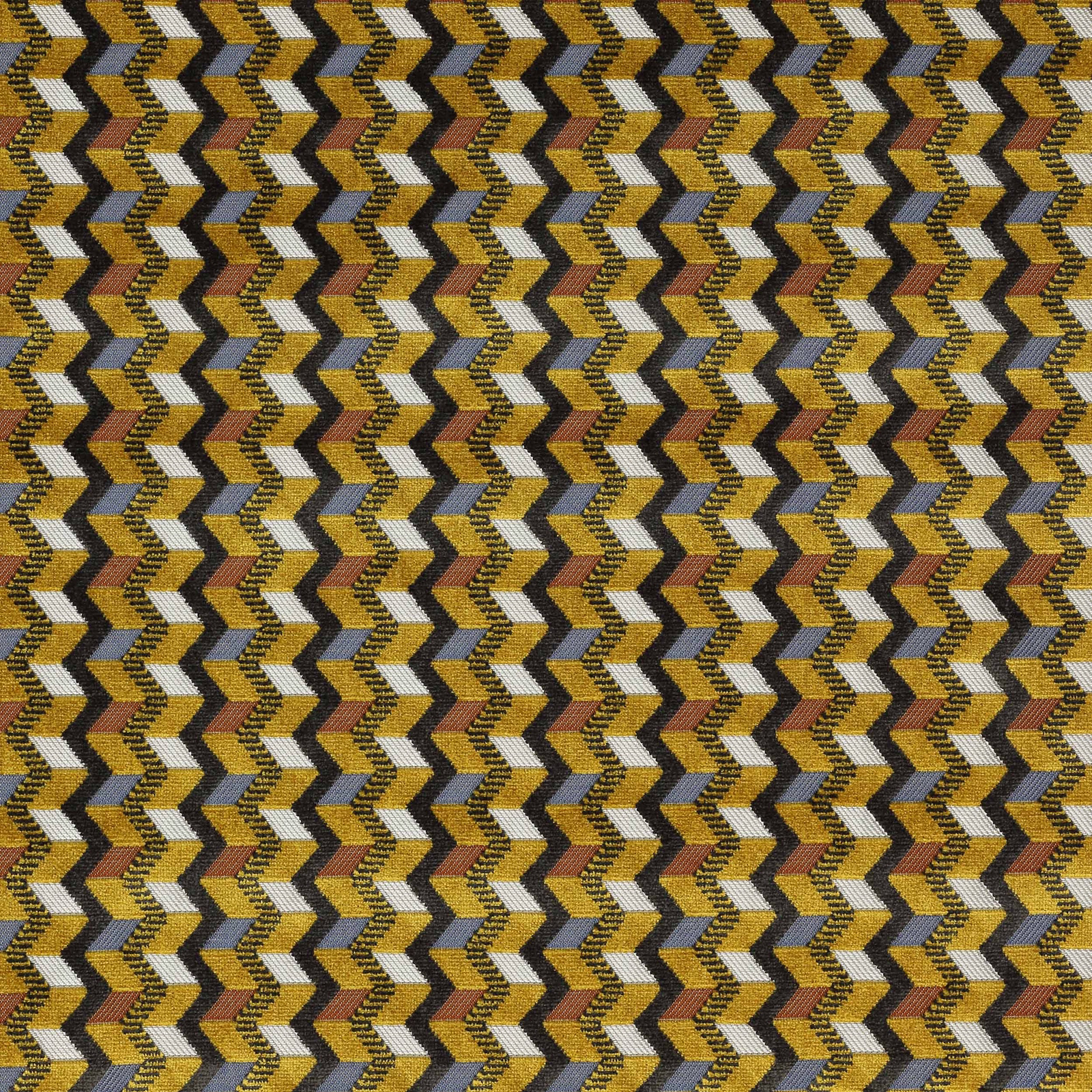 Close-up of a mustard yellow, grey and white zigzag woven fabric swatch