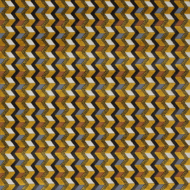 Close-up of a mustard yellow, grey and white zigzag woven fabric swatch