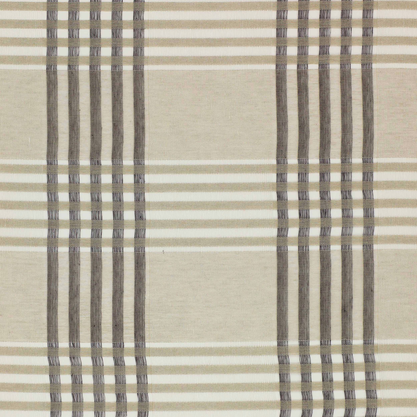 Taupe-grey linen fabric with a large checked stripe pattern on a pale ground