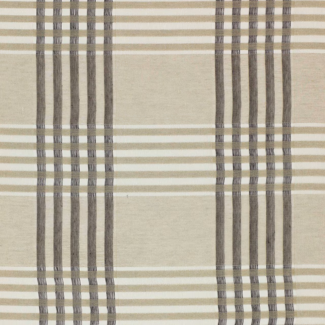 Taupe-grey linen fabric with a large checked stripe pattern on a pale ground