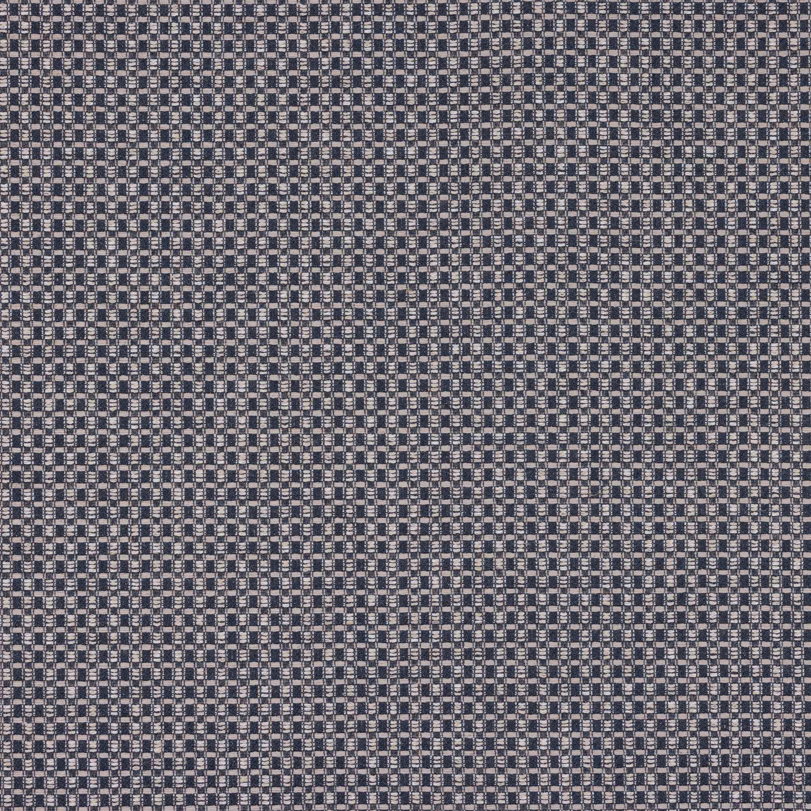 Close-up of a small blue-grey check woven fabric with a dark midnight ground