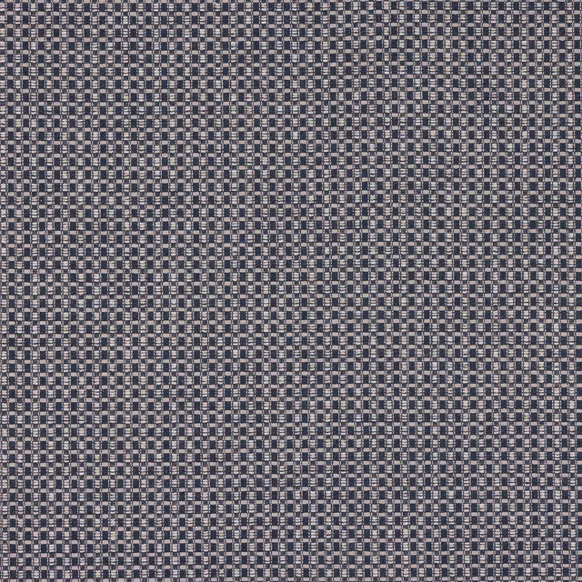 Close-up of a small blue-grey check woven fabric with a dark midnight ground