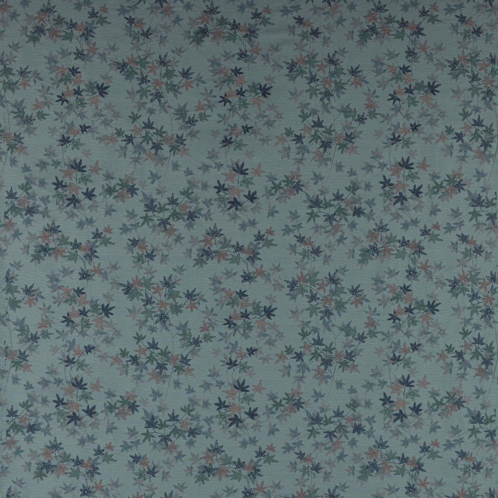 Soft aqua fabric with scattered tiny floral sprigs in teal, navy and blush