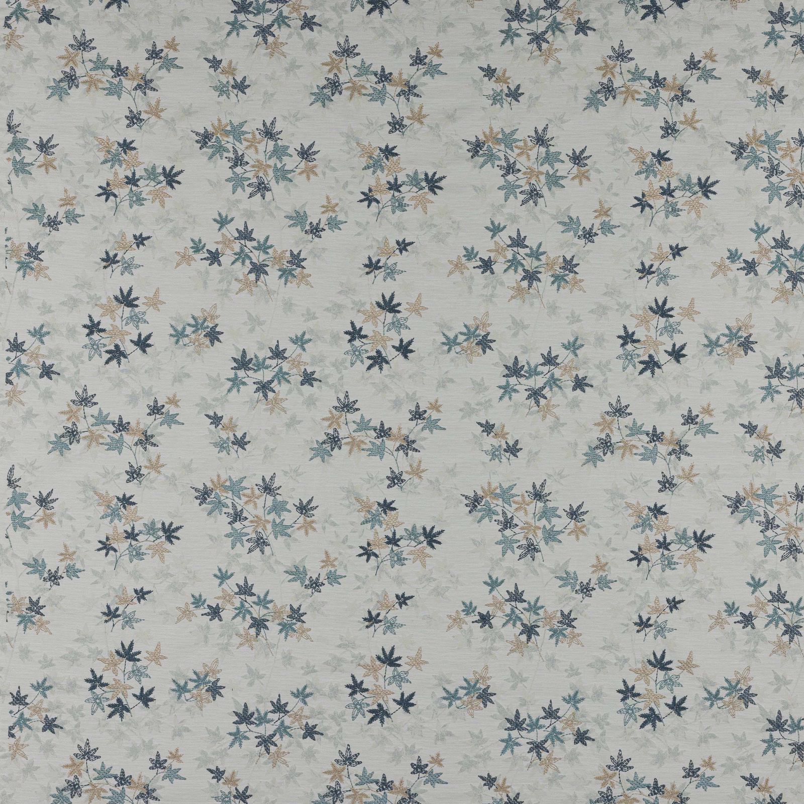 Ivory fabric swatch with scattered small blue and taupe maple leaf sprigs