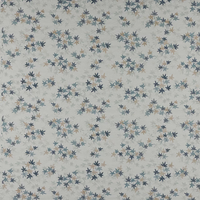 Ivory fabric swatch with scattered small blue and taupe maple leaf sprigs