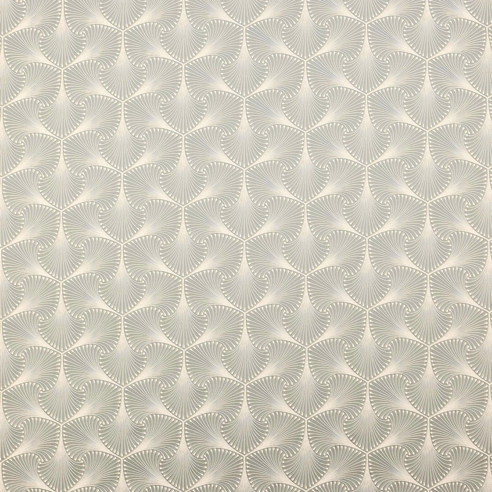 Tonal charcoal grey geometric fabric with raised fan motif on a pale ground