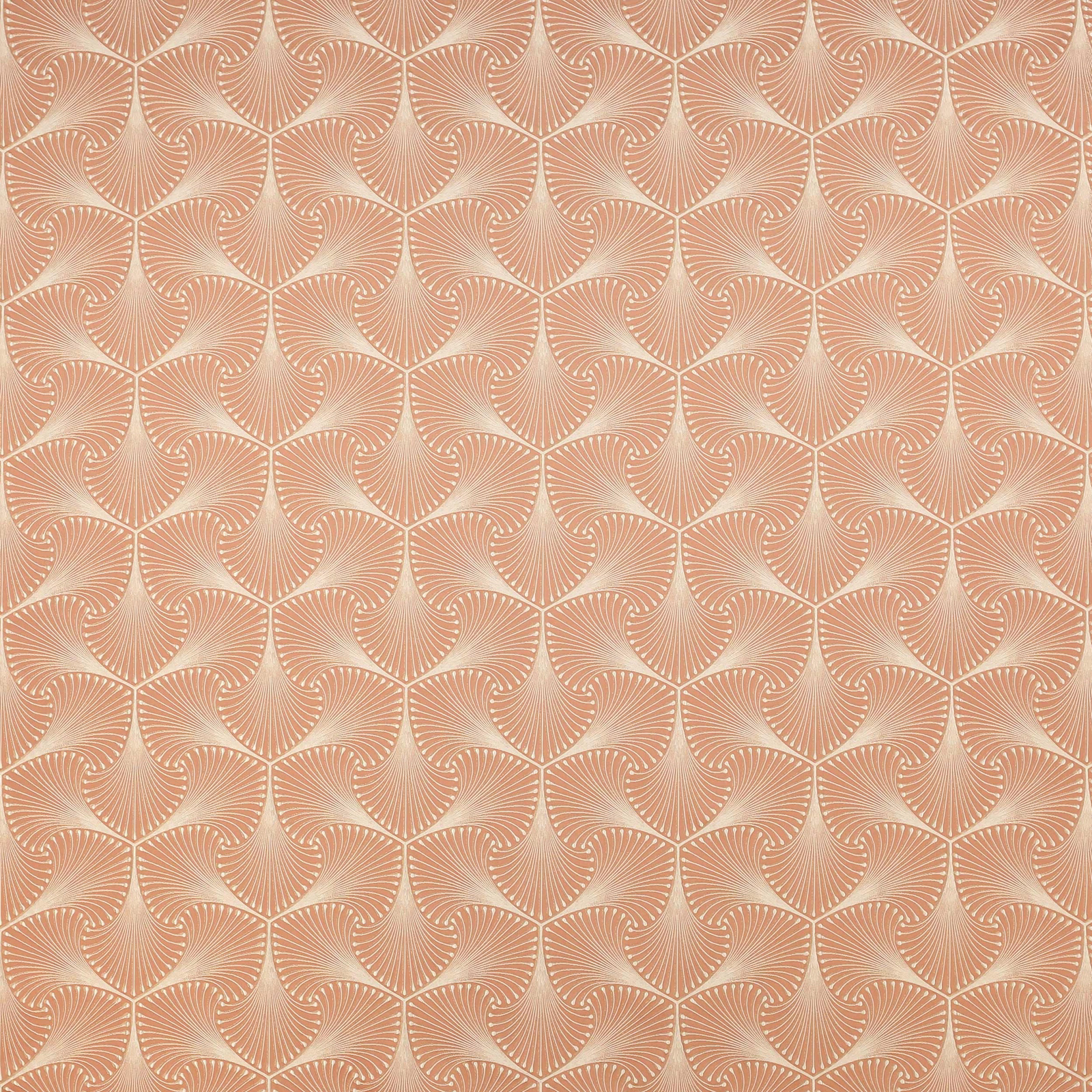Soft copper peach geometric fabric with repeating fan motif and fine pale line detail