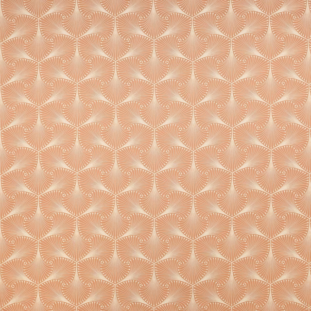 Soft copper peach geometric fabric with repeating fan motif and fine pale line detail
