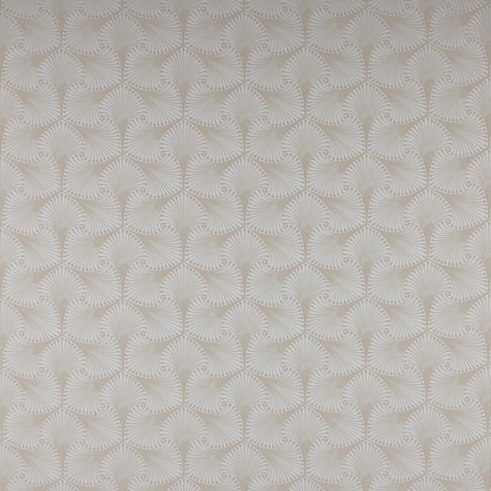 Pale cream jacquard fabric with repeating fan motifs and subtle woven texture