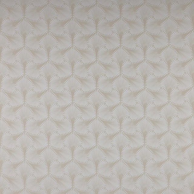 Pale cream jacquard fabric with repeating fan motifs and subtle woven texture