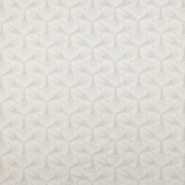 Soft silver-white textured fabric with repeating fan motifs