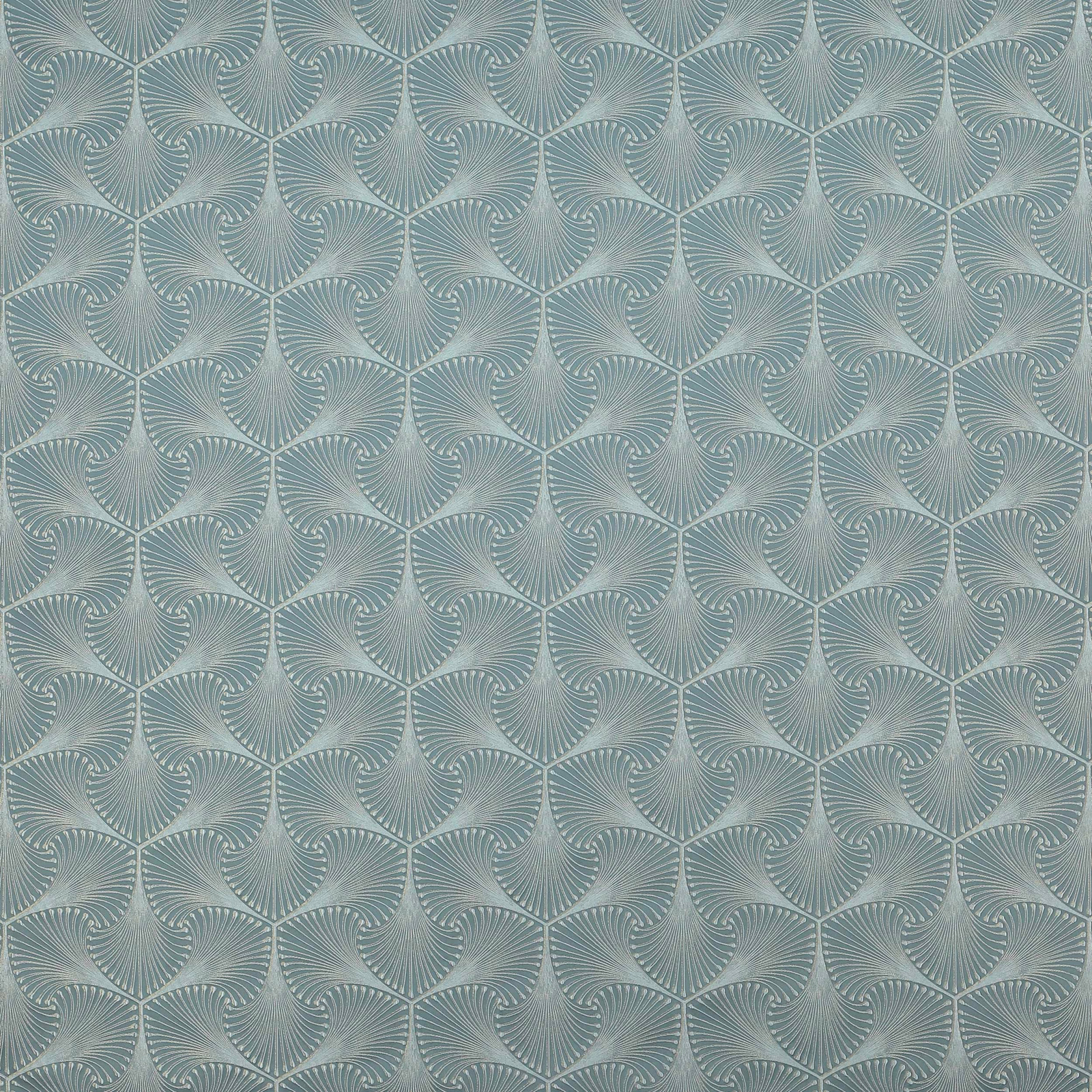 Pale teal geometric fabric with repeating fan motifs and fine woven texture