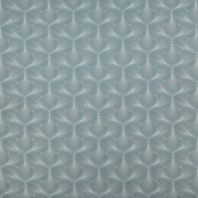 Pale teal geometric fabric with repeating fan motifs and fine woven texture